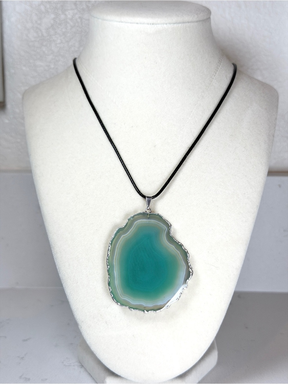 Teal Agate Slice Edged with Silver Pendant